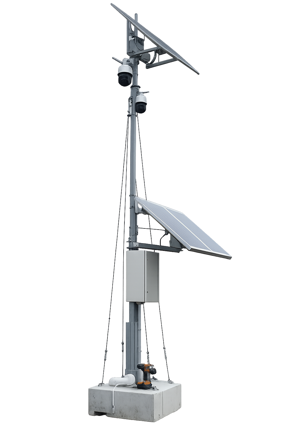 Solar Starlink CCTV Mobile Security System - dual PTZ cameras with dual solar panels on mobile mast and ballast base