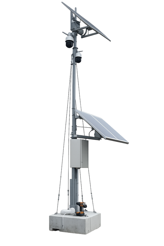 Solar Starlink CCTV Mobile Security System - dual PTZ cameras with dual solar panels on mobile mast and ballast base